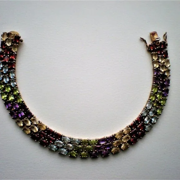 Vintage Sterling Silver Multi Gem Garnet Peridot Blue Topaz Tennis Bracelet